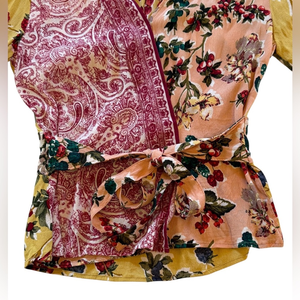 Anthropologie Meadow Rue Floral Patchwork Wrap Blouse - Yellow, Pink, Black - Picture 6 of 16